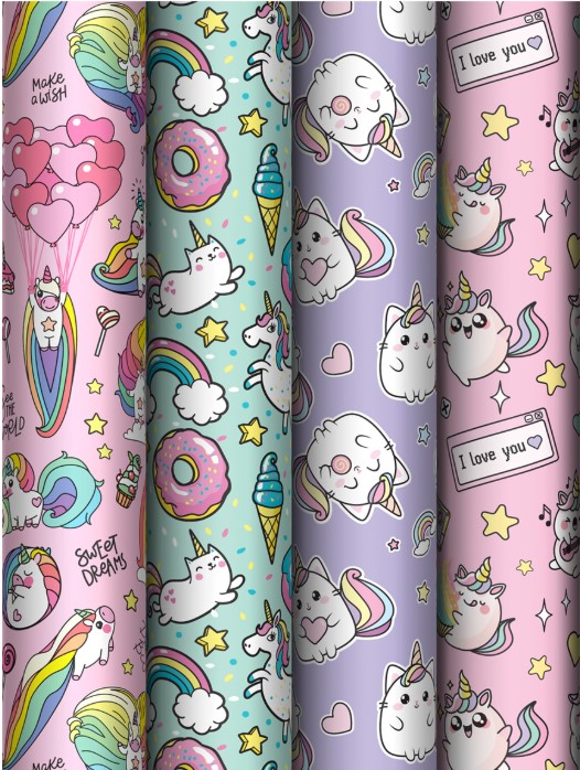 Упаковочная бумага глянц. 70х100см, MESHU Unicorn, 80 г/м2, ассорти, 4 дизайна, MS_62805