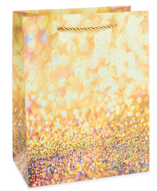 Пакет подарочный, Гламур, Дизайн №4, Золото, с блестками, 23х18х10 см, 1 шт, 503431н-й