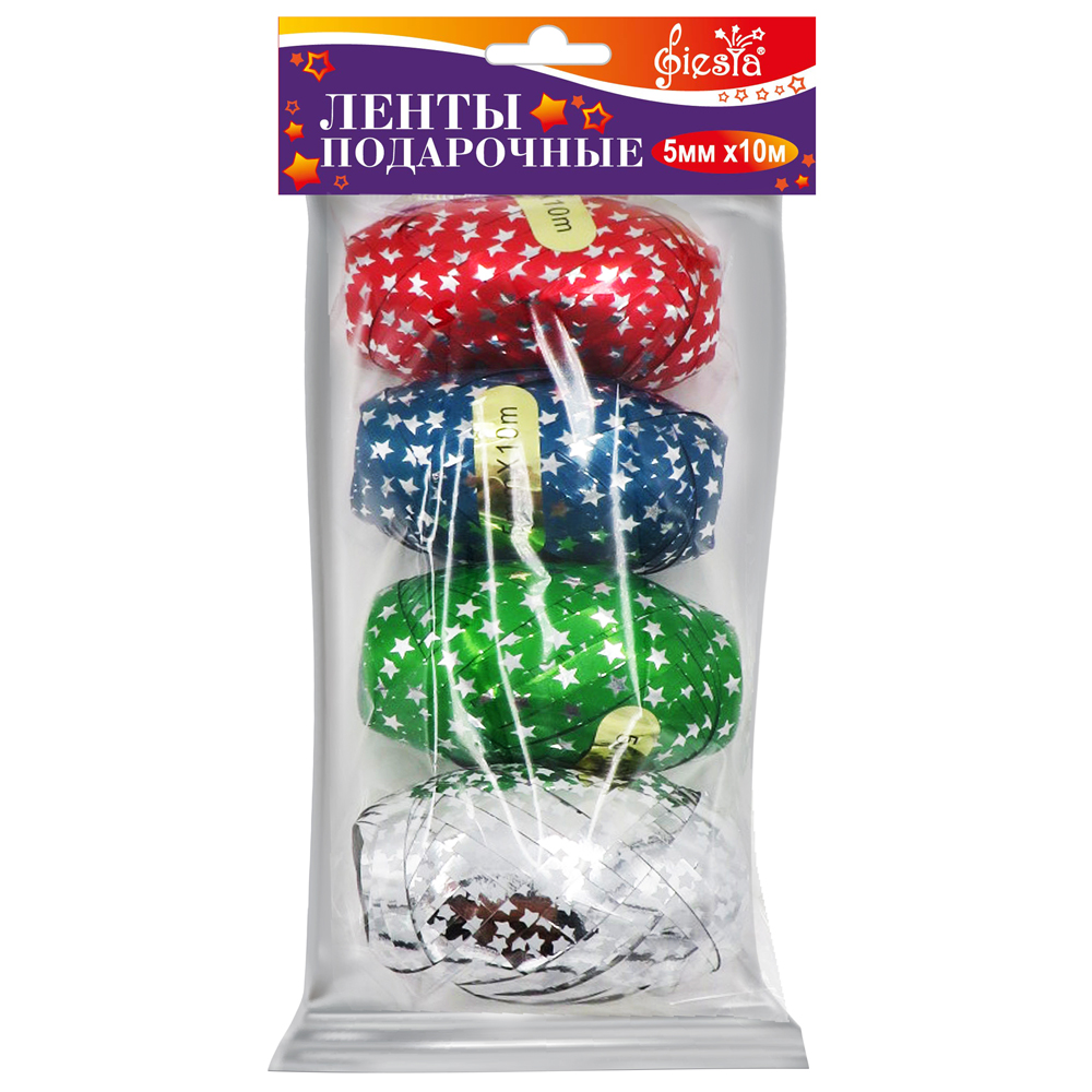 Лента упаковочная Fiesta 10мм.~5м. Микс 'Звездочки', (4 в 1), STAR_1
