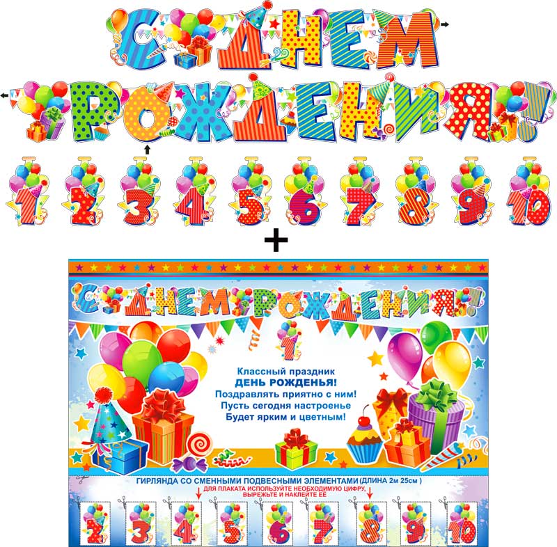 Гирлянда 'С днём рождения!' + плакат., 700-285-Т