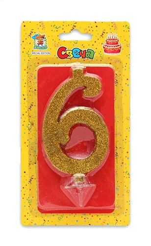 Свеча для торта 'Цифра 6. Золотой глитер' Миленд, картон. уп., европодвес, С-1898
