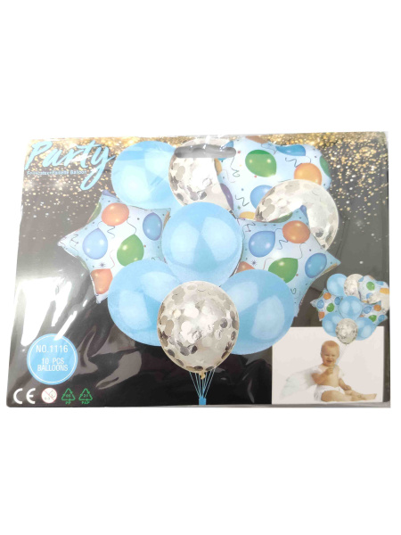 Набор шаров 'Голубые, серебро. конфетти', 10 шт. в наборе (3 фольг.+ 4 лат., 3 конф.), 6162