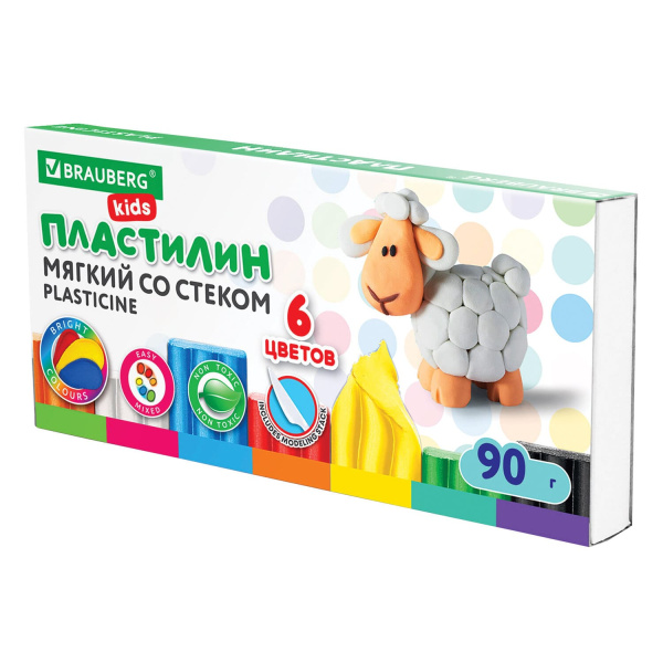 Пластилин мягкий восковой 6 цв., BRAUBERG KIDS, 90 г, со стеком, 106493