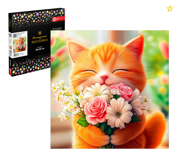 Алмазная мозаика, КОТЕНОК С БУКЕТОМ, 30х30 см, с частичной выкладкой, 71438  
