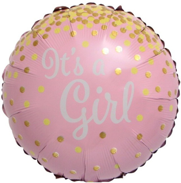 Шар фольга Agura  (18'';46 см) Круг, С Рождением Девочки! (золотое конфетти), Розовый, 1 шт. 15492