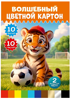 Картон цветной А4 МИЛЫЙ ТИГРЕНОК, 8л.+ зол+сер, одностор., папка, 210*297, 10-1447